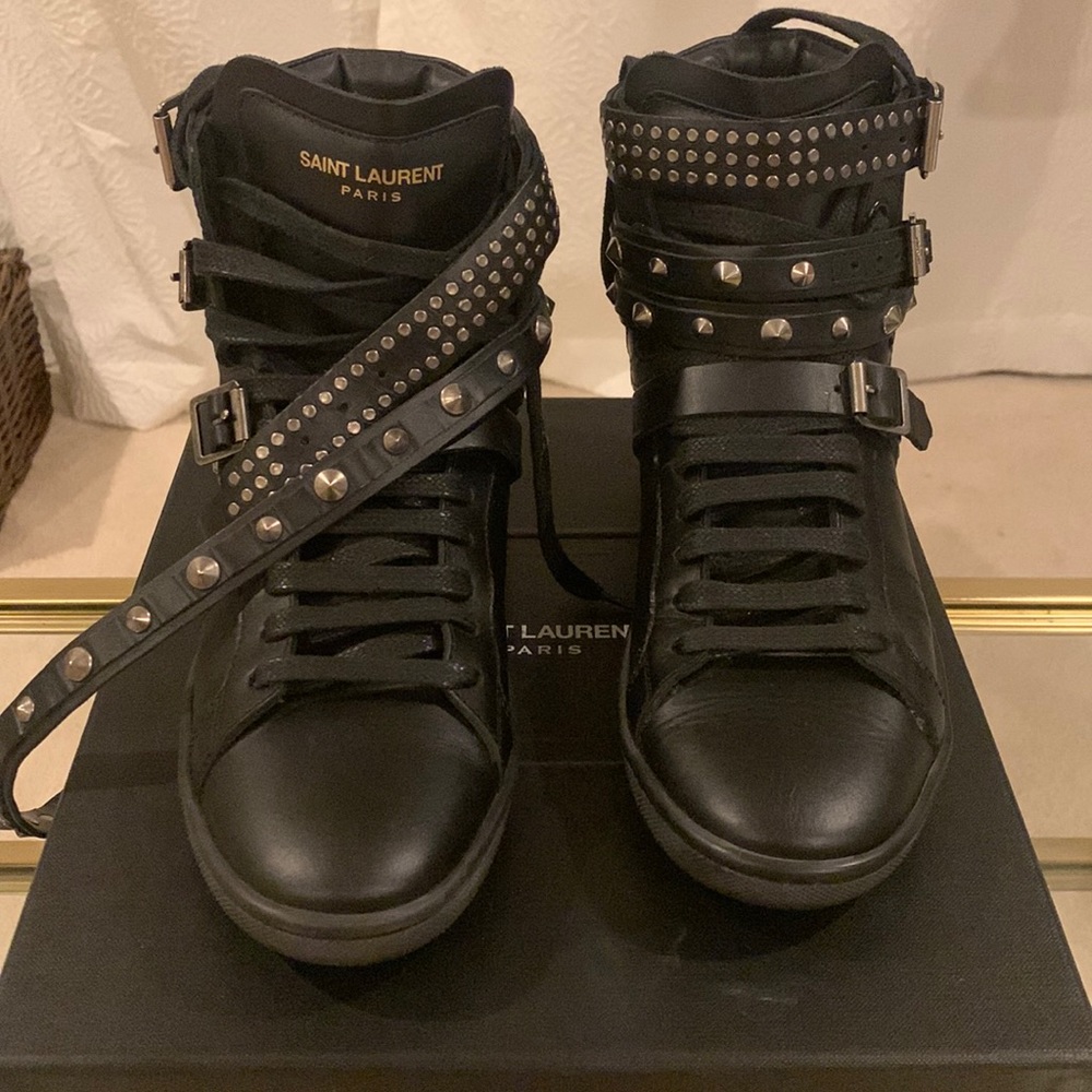 YSL Black Leather Studded Mid High Top Sneaker Size 36/6US
